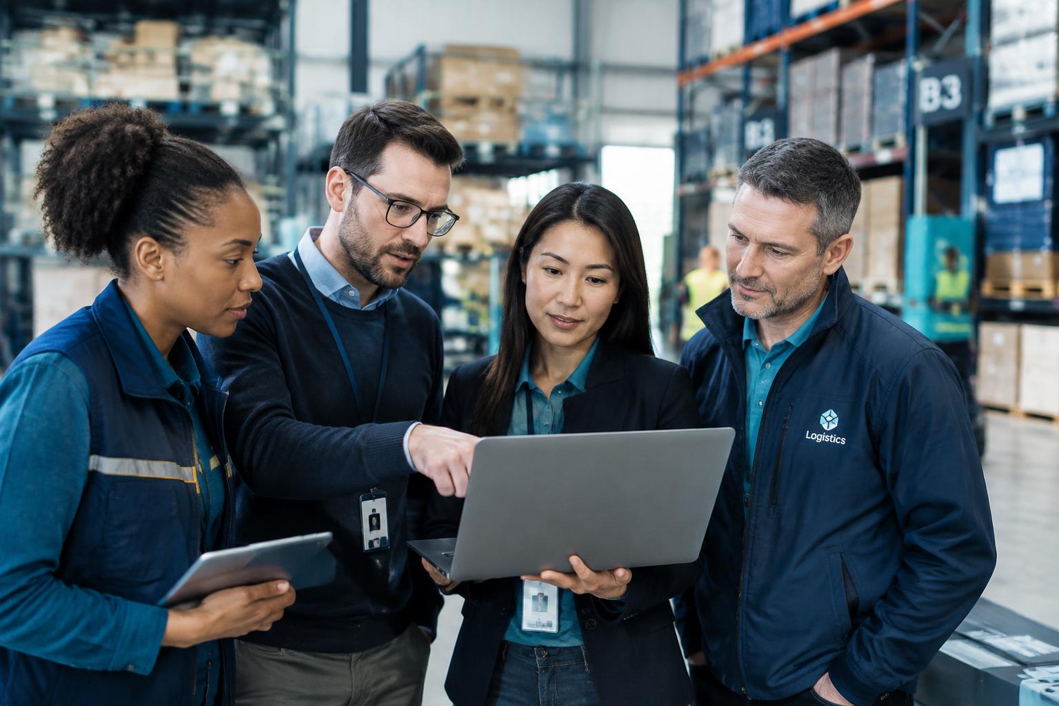 Equipe de TI e operação revisando indicadores em um centro de distribuição